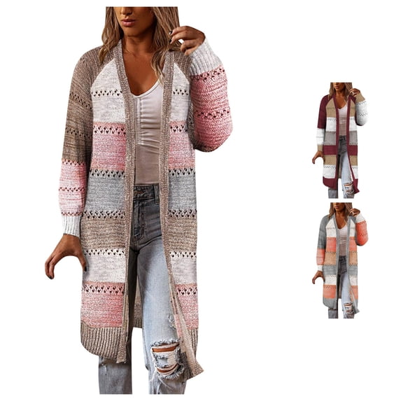SUXIAN Cardigan Women Comfy Stylish Stitching Long Sleeve Sweater Casual Open Front Cardigan Long