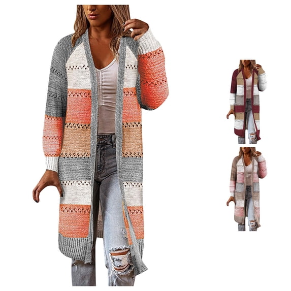 SUXIAN Cardigan Women Comfy Stylish Stitching Long Sleeve Sweater Casual Open Front Cardigan Long