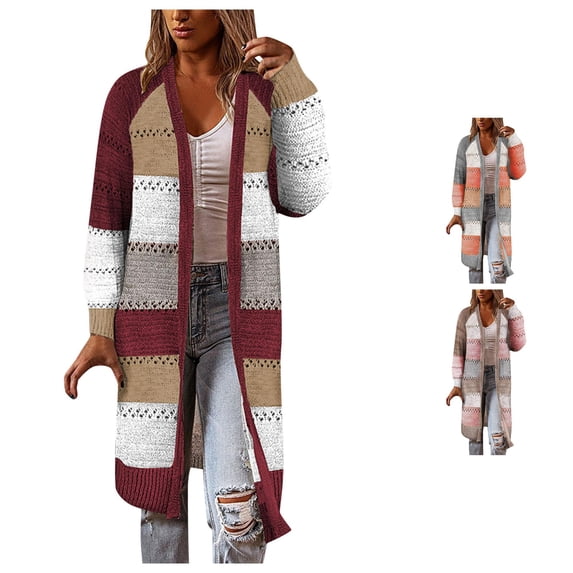 SUXIAN Cardigan Women Comfy Stylish Stitching Long Sleeve Sweater Casual Open Front Cardigan Long