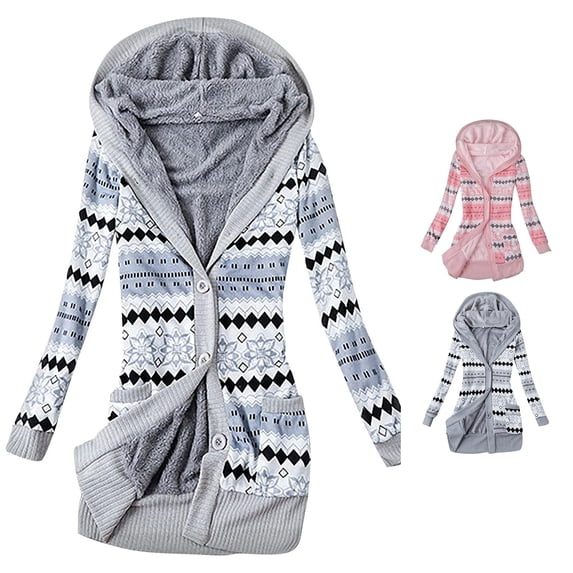 SUXIAN Cardigans for Women Hooded Overcoat Warm Winter Knitted Thick Printed Button up Plus Size Mid Length Outwear Coat Jacket Long Cardigan