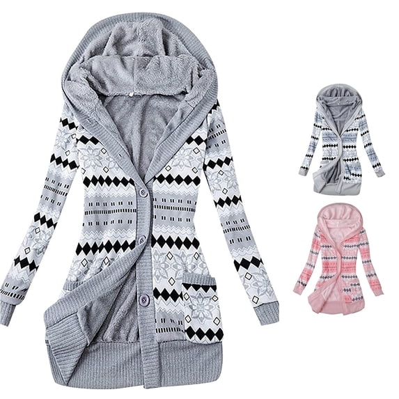 SUXIAN Cardigans for Women Hooded Overcoat Warm Winter Knitted Thick Printed Button up Plus Size Mid Length Outwear Coat Jacket Long Cardigan
