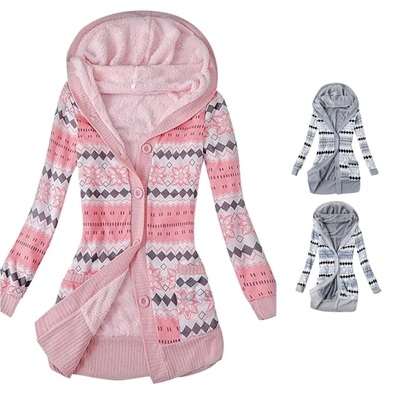 SUXIAN Cardigans for Women Hooded Overcoat Warm Winter Knitted Thick Printed Button up Plus Size Mid Length Outwear Coat Jacket Long Cardigan