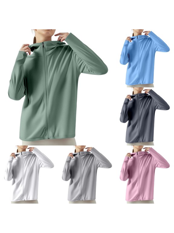 Cardigans for Women Ice Silk Protective Hooded Sunscreen Jacket Pure Color Lightweight Breathable Outdoors Long Sleeve Summer Cardigan