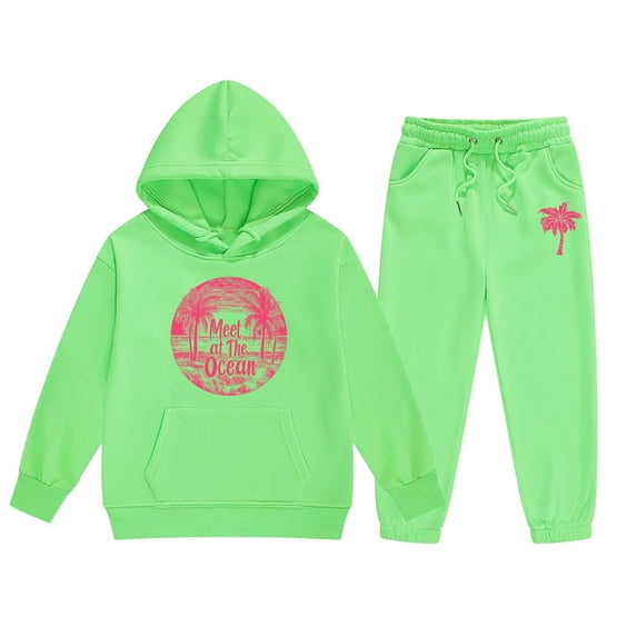 SUXIAN Child Boys Girls Long Sleeve Solid Warm Hoodie Pullover Tops Pants Kids Outfits Sweat Suit Soft Outfit Sets Green 110