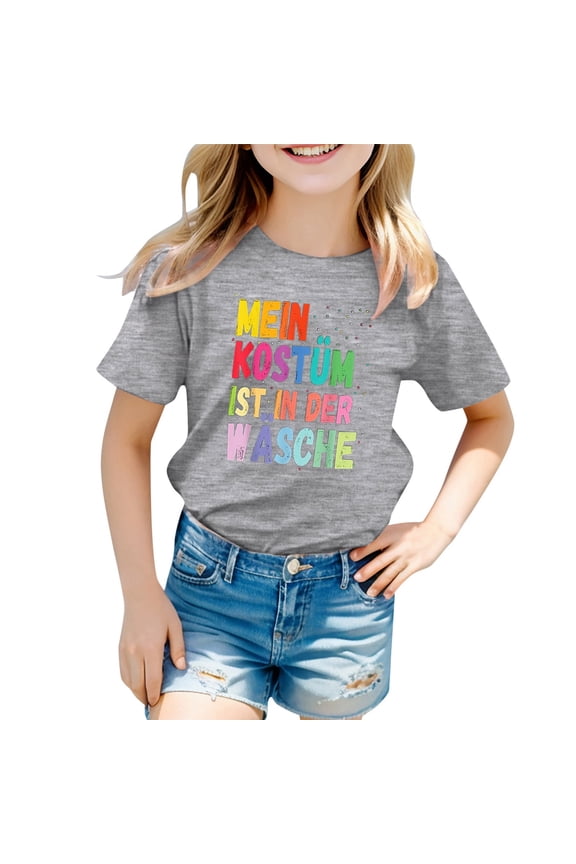Children's Carnival Colour Printed Round Neck Short Sleeved T Shirts for Kids Funny Shirt Grey 6-7Years