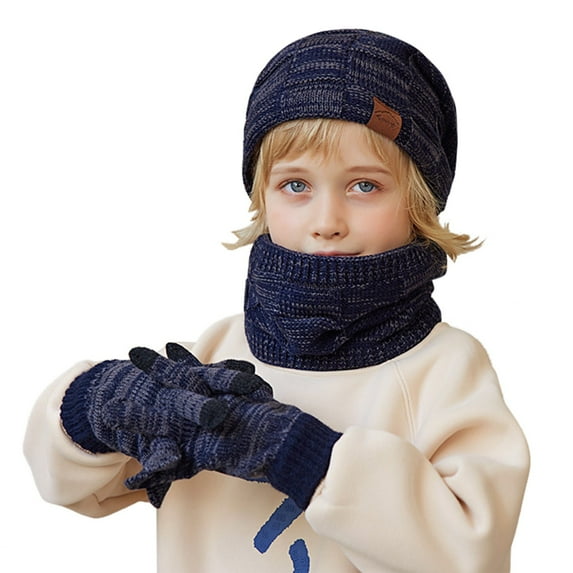 SUXIAN Children's Winter Scarf Set for Ages 4-10 Hat Gloves Bib Navy One Size