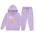 thumbnail image 1 of SUXIAN Childrens Middle and Large Childrens Long Sleeved Letter Print Hooded Top Sweater Pants Set Fall Winter Outfits Set Purple 130, 1 of 3