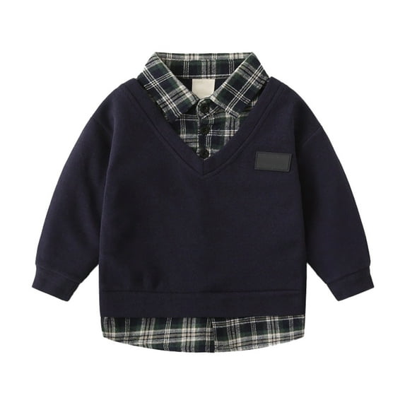 SUXIAN Childrens Plaid Pocket Long Sleeve Layered Sweatshirt for Boys and Girls Fall Winter Casual Comfortable Outfit Navy 3-4 Years