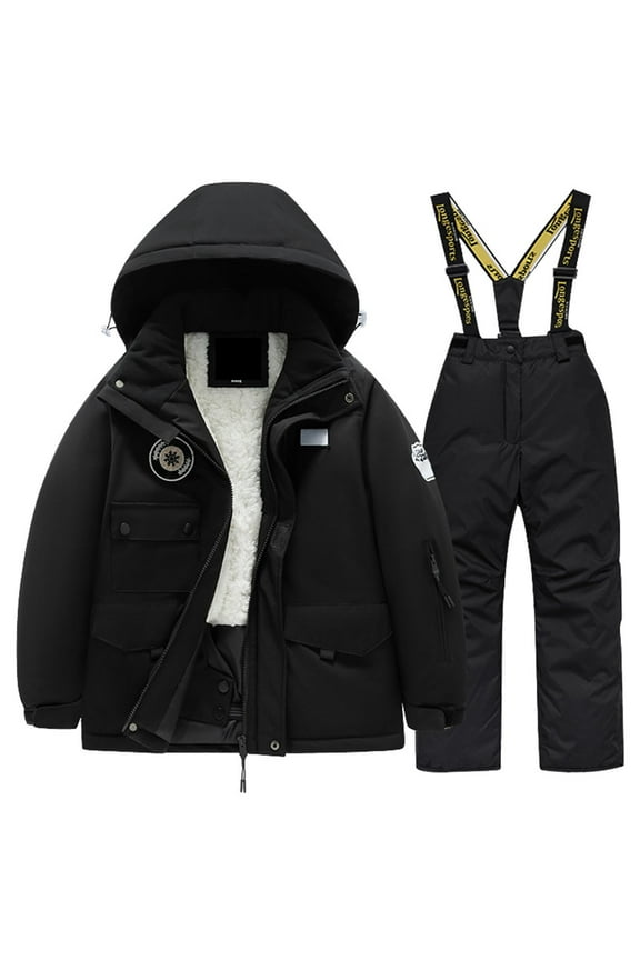 Childrens Ski Suit Set Pocket Jacket and Pants Winter Windproof Snowboarding Unisex Kids Warm Outfits #1_Black 12
