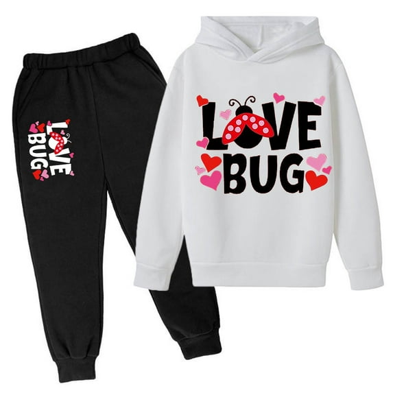 SUXIAN Childrens Casual Long Sleeve Heart Print Hoodie Set Festive Outfit Sets White 120