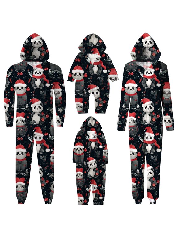 Christmas Pajamas Family Kids Panda Print Hooded Pajamas Long Sleeve Sleepwear Holiday Outfit Toddler Pajamas