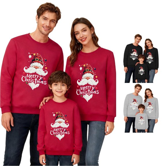 SUXIAN Christmas Sweatshirt Long Sleeve Letter Print Crewneck Lightweight Mom and Kids Festive Holiday Outfit Sweatshirts for Women