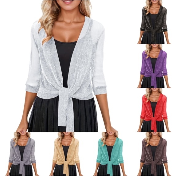 SUXIAN Crochet Cardigans for Women Carnival Elegant Lightweight Knit Cover up Casual Lace Mesh Short Sweater 3/4 Sleeve Summer Cardigan