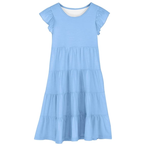 SUXIAN Dresses for Girls Round Neck Long Puff Sleeve Solid Cake Party Elegant Everyday Outfit Little Girl Dresses Light Blue 8-9 Years