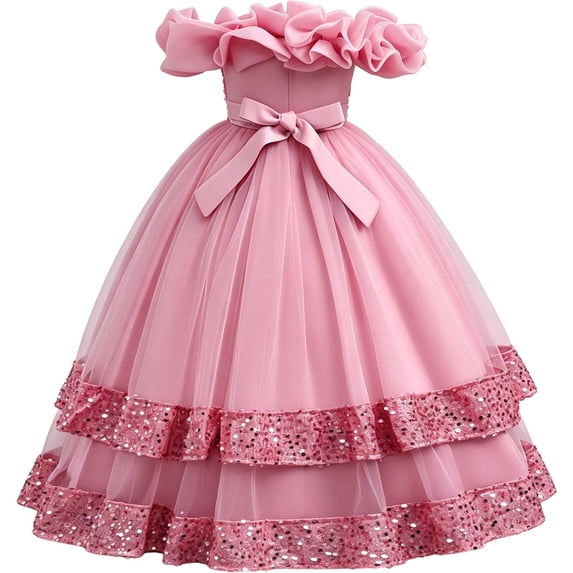 SUXIAN Dresses for Girls Sparkly Layered Tutu Long Sleeve Glitter Formal Gown Toddler Girl Dress Pink 11-12 Years