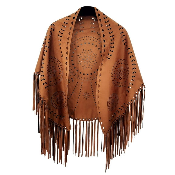 SUXIAN Elegant Women's Loose Suede Fringes Open Cape Poncho Scarf with Punch Pattern for Graceful Brown One Size