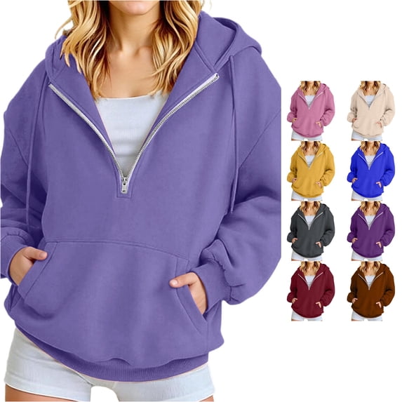 SUXIAN Fall Hoodies For Women Cozy Quarter Zip Long Sleeve Pocket Layering Warmth Womens Hoodies XL
