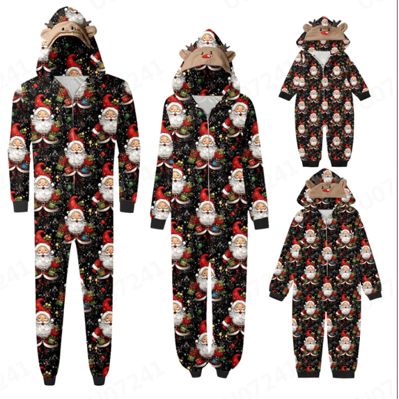 SUXIAN Family Christmas Pajamas Suitable Mommy Sleepwear Big Headed Deer Print Long Sleeve Jumpsuit Soft Holiday Romper Cotton