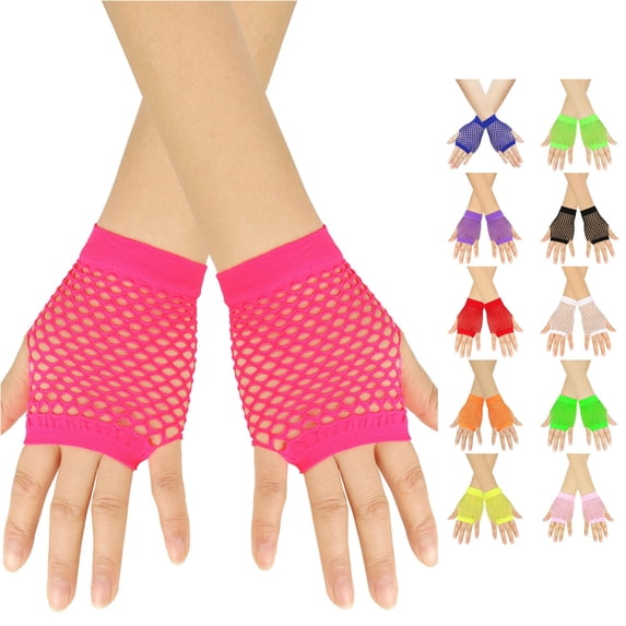SUXIAN Fingerless Gloves Carnival Coarse Net Fishnet Stretchy Short Solid Punk Half Finger Nightclub Party Style Gloves Women Hot Pink One Size