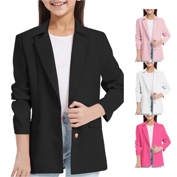 SUXIAN Girls Blouses Long Sleeve Jacket Notched Lapel Inner Pocket Open Front Casual Suit Set Toddler Girl Blouse Black_002 5-6 Years