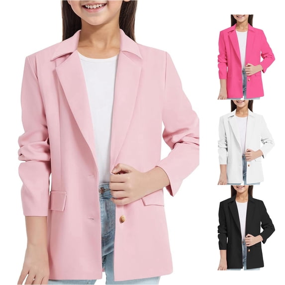SUXIAN Girls Blouses Long Sleeve Jacket Notched Lapel Inner Pocket Open Front Casual Suit Set Toddler Girl Blouse Pink_002 13-14 Years