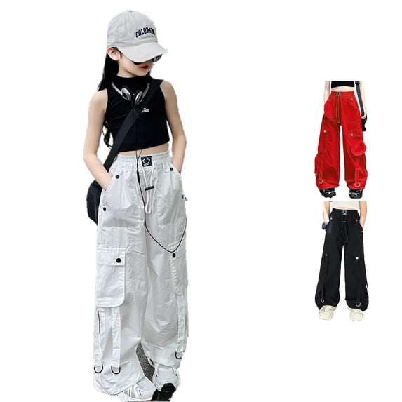 SUXIAN Girls Cargo Pants White Summer Jazz Dance High Waist Wide Leg Casual Outdoor Trousers Pants For Girls White_002 4-5 Years