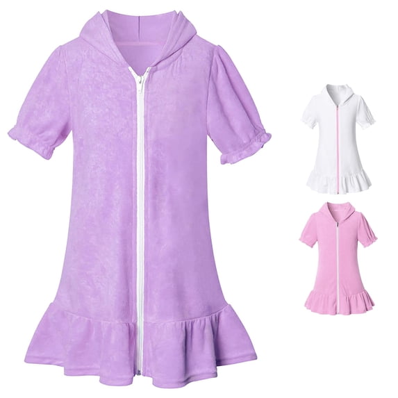 SUXIAN Girls Dress Hooded Zip up Swim Cover up Short Sleeve Beach Bathrobe Absorbent Towel Kids Toddler Dress Purple 10-11 Years