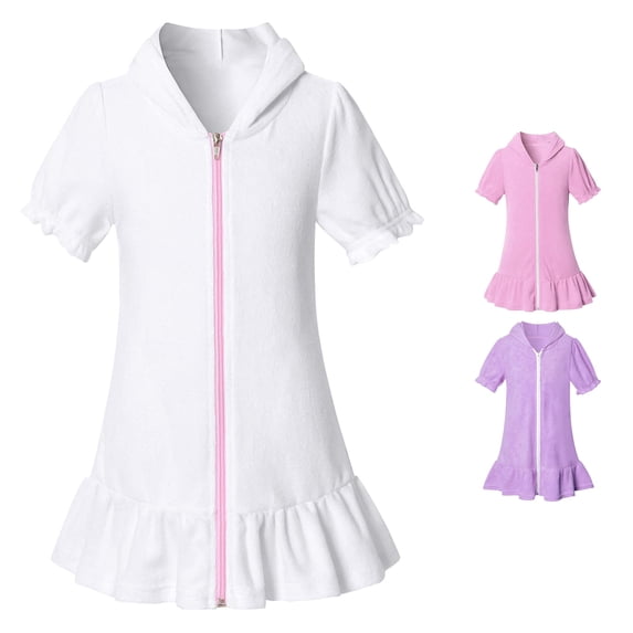 SUXIAN Girls Dress Hooded Zip up Swim Cover up Short Sleeve Beach Bathrobe Absorbent Towel Kids Toddler Dress White 6-7 Years