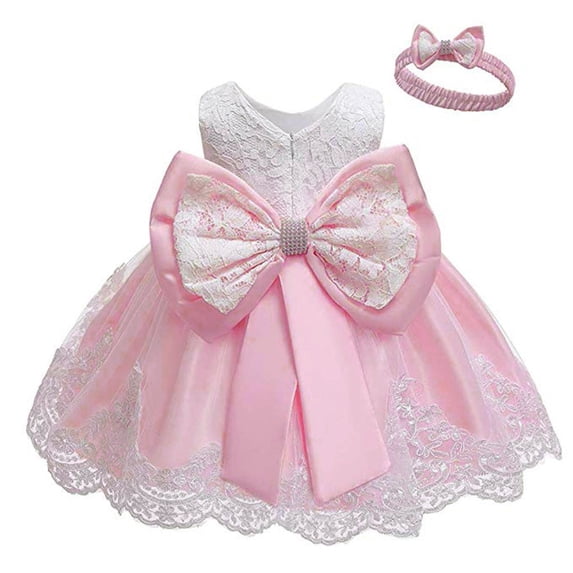 SUXIAN Girls Dress Sleeveless Lace Embroidery Bowknot Wedding Tutu Set Headband Baby Toddler Girl Dresses Pink 18-24 Months