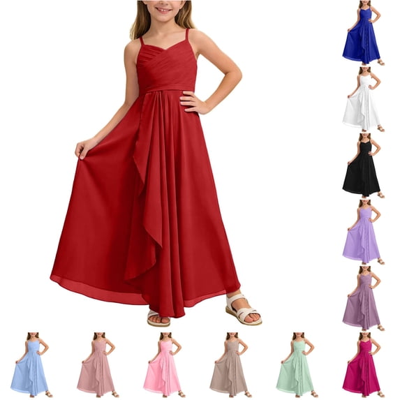 SUXIAN Girls Dress Solid Spaghetti Strap A Line Junior Bridesmaid Flowy Chiffon Wedding Party Pageant Gown Flower Girl Dresses RD2 5-6 Years