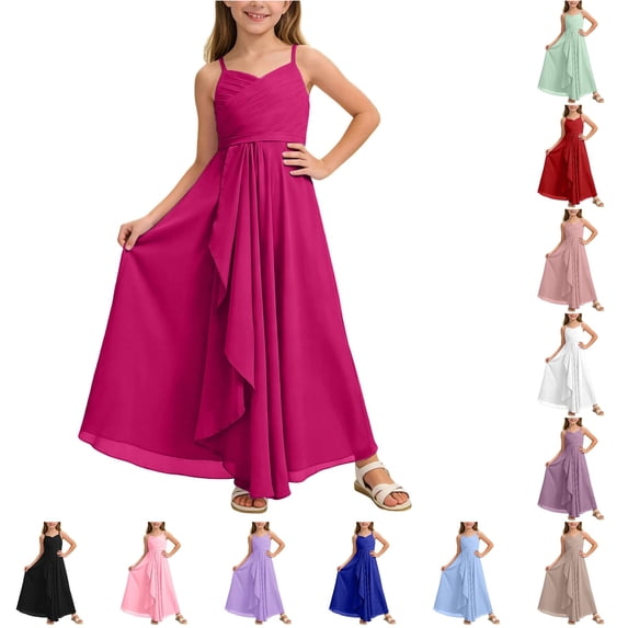 SUXIAN Girls Dress Solid Spaghetti Strap A Line Junior Bridesmaid Flowy Chiffon Wedding Party Pageant Gown Flower Girl Dresses RD3 13-14 Years