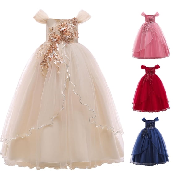 SUXIAN Girls Dresses Off Shoulder Short Sleeve Long Puffy Tutu Party Performance Gown Kids Toddler Dresses Beige 6-7 Years
