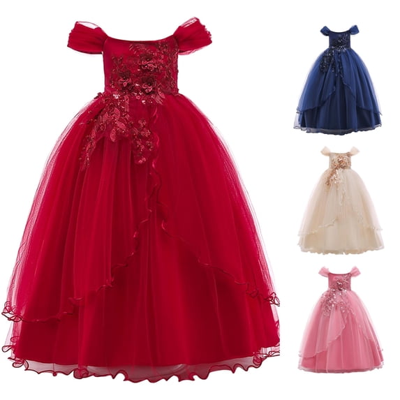 SUXIAN Girls Dresses Off Shoulder Short Sleeve Long Puffy Tutu Party Performance Gown Kids Toddler Dresses Red 4-5 Years