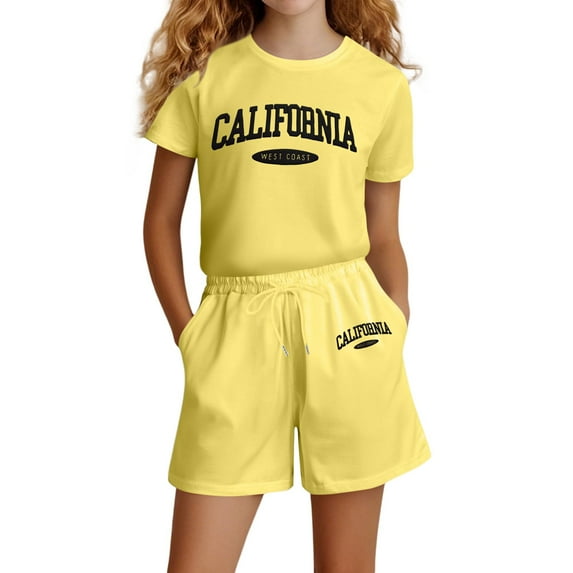 SUXIAN Girls Fashion Letter Print Casual Loose Short Sleeve Suit for Age 4-14 Years Outfit for Yellow 120