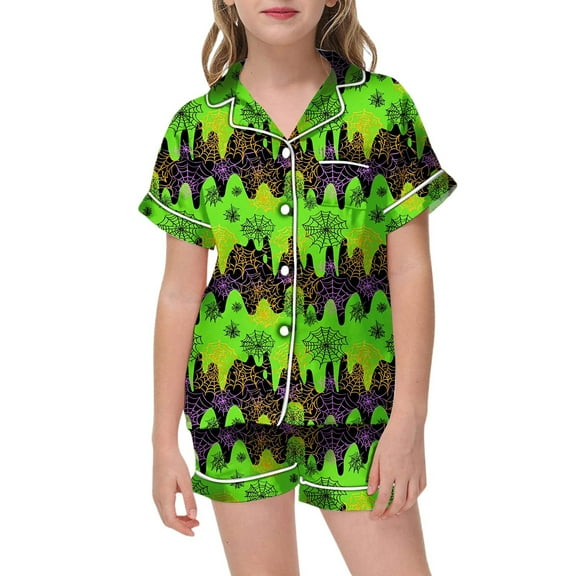 SUXIAN Girls Halloween Pajama Set Short Sleeve Button Up Top with Shorts and Pockets Cute Comfortable Sleepwear for Kids Halloween Pajamas Kids GN2 12-13 Years