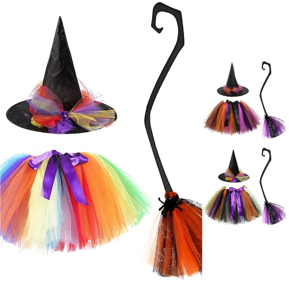 SUXIAN Girls Halloween Tulle Tutu Skirt Witch Hat and Broom 3‑Piece Costume Set for Kids Halloween Cosplay Party Role‑Play Holiday Gathering Dress‑Up