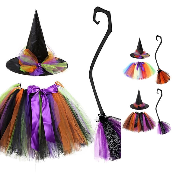 SUXIAN Girls Halloween Tulle Tutu Skirt Witch Hat and Broom 3‑Piece Costume Set for Kids Halloween Cosplay Party Role‑Play Holiday Gathering Dress‑Up