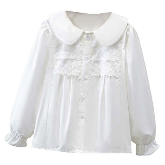 SUXIAN Girls Long Sleeve Party Blouses Elegant Ruffled Button Down Dress Shirts School Tops for Kids Beige1 9-10 Years