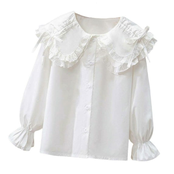 SUXIAN Girls Long Sleeve Party Blouses Elegant Ruffled Button Down Dress Shirts School Tops for Kids Beige4 5-6 Years