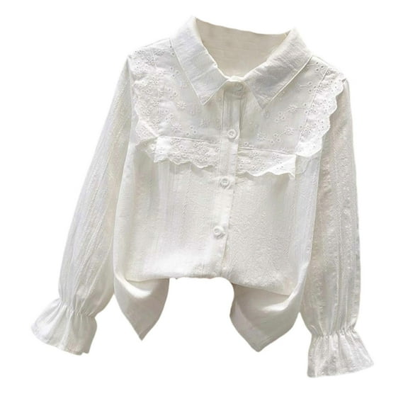 SUXIAN Girls Long Sleeve Party Blouses Elegant Ruffled Button Down Dress Shirts School Tops for Kids White 5-6 Years