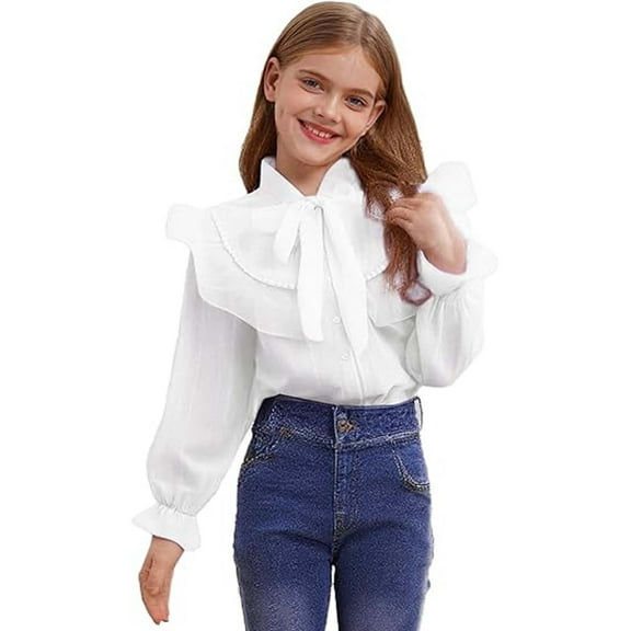 SUXIAN Girls Long Sleeve Party Blouses Elegant Ruffled Button Down Shirts School Tops for Big Kids White 13-14 Years