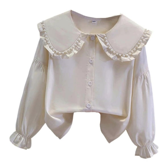 SUXIAN Girls Long Sleeve Party Blouses Elegant Ruffled Button Down Shirts School Tops for Children Beige1 5-6 Years