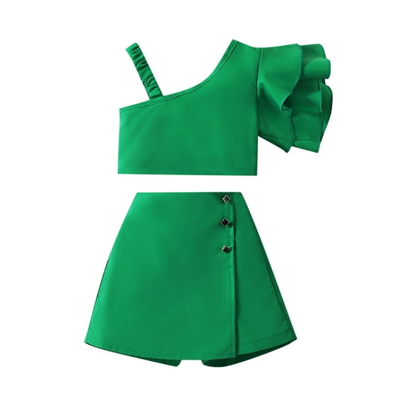 SUXIAN Girls One Shoulder Tops and Skirt Solid Color Two Piece Outfit Set Casual Summer Clothes Fashion Outfits for Girls Green 110