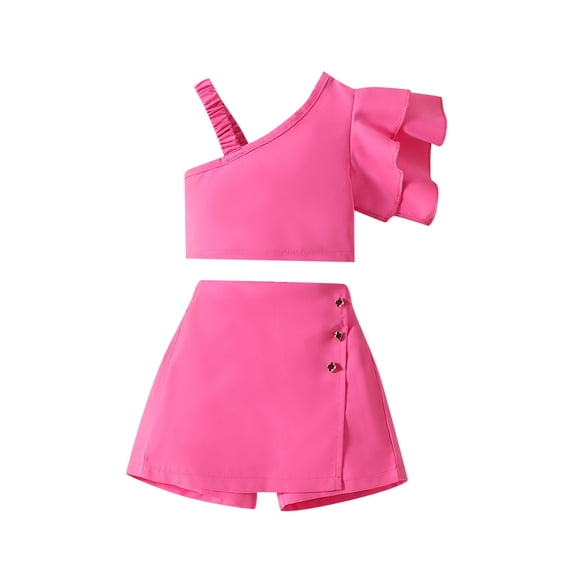 SUXIAN Girls One Shoulder Tops and Skirt Solid Color Two Piece Outfit Set Casual Summer Clothes Fashion Outfits for Girls Hot Pink 130