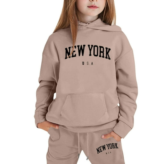 SUXIAN Girls Pajamas Stylish Outfits Set for Casual Winter Wear Printed Hooded Sweatshirt Ensemble for Ages 1 to 9 #2_Khaki 2-3 Years