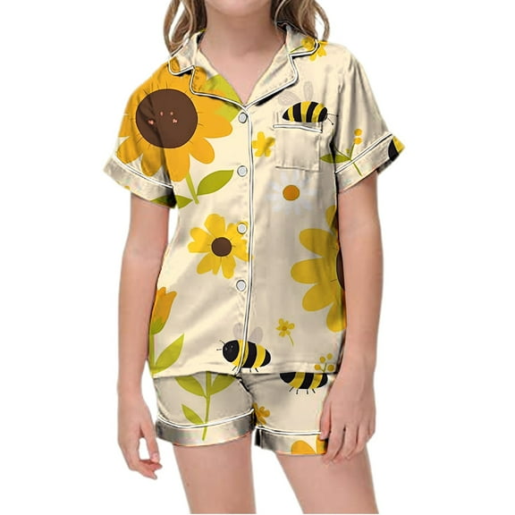 SUXIAN Girls Print Short Sleeve Buttoned Pajama Set with Pockets Comfortable Home Loungewear for Ages 2-13 Girls Pajamas Beige_#5 8-9 Years