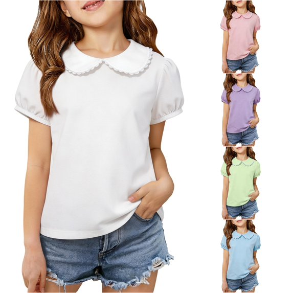 SUXIAN Girls Short Sleeve Blouses Casual Collar Short Sleeve Lightweight Top Toddler Girl Blouses White 3-4 Years