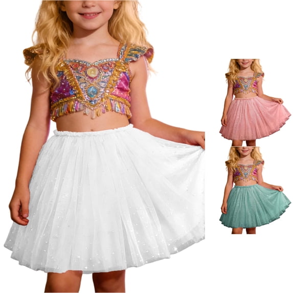 SUXIAN Girls Skirt Carnival Sequin Mesh Tutu Ballet Dance Party Outfit For Kids Toddler Girls Skirts White_001 7-8 Years