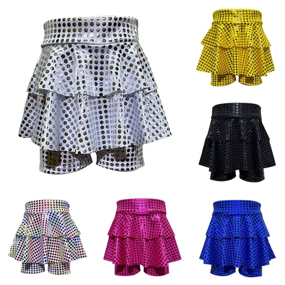 SUXIAN Girls Skirts Glitter Sequin Tutu Dance Performance With Matching Shorts Sun Skirt For Stage Toddler Girl Skirts Silver_007 8-9 Years