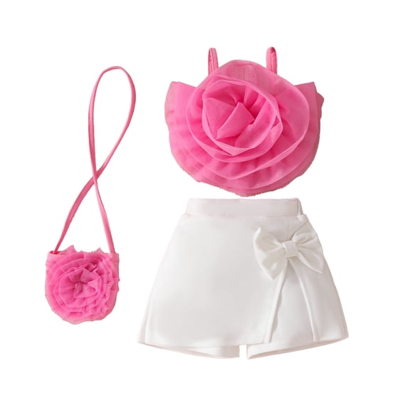 SUXIAN Girls Sleeveless Floral Vest Tops T Shirt Shorts Bag Outfits Summer Fashion Clothing Set Hot Pink 3Y